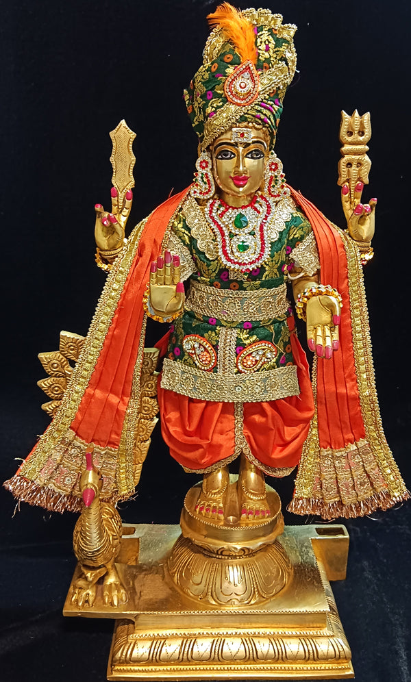 Raja Murugan Pre-Stitched Silk Dress Set in Multicolored Chanderi Silk (not pure silk) - Dark Green kurta and pagdi with Pink dhoti and shalya