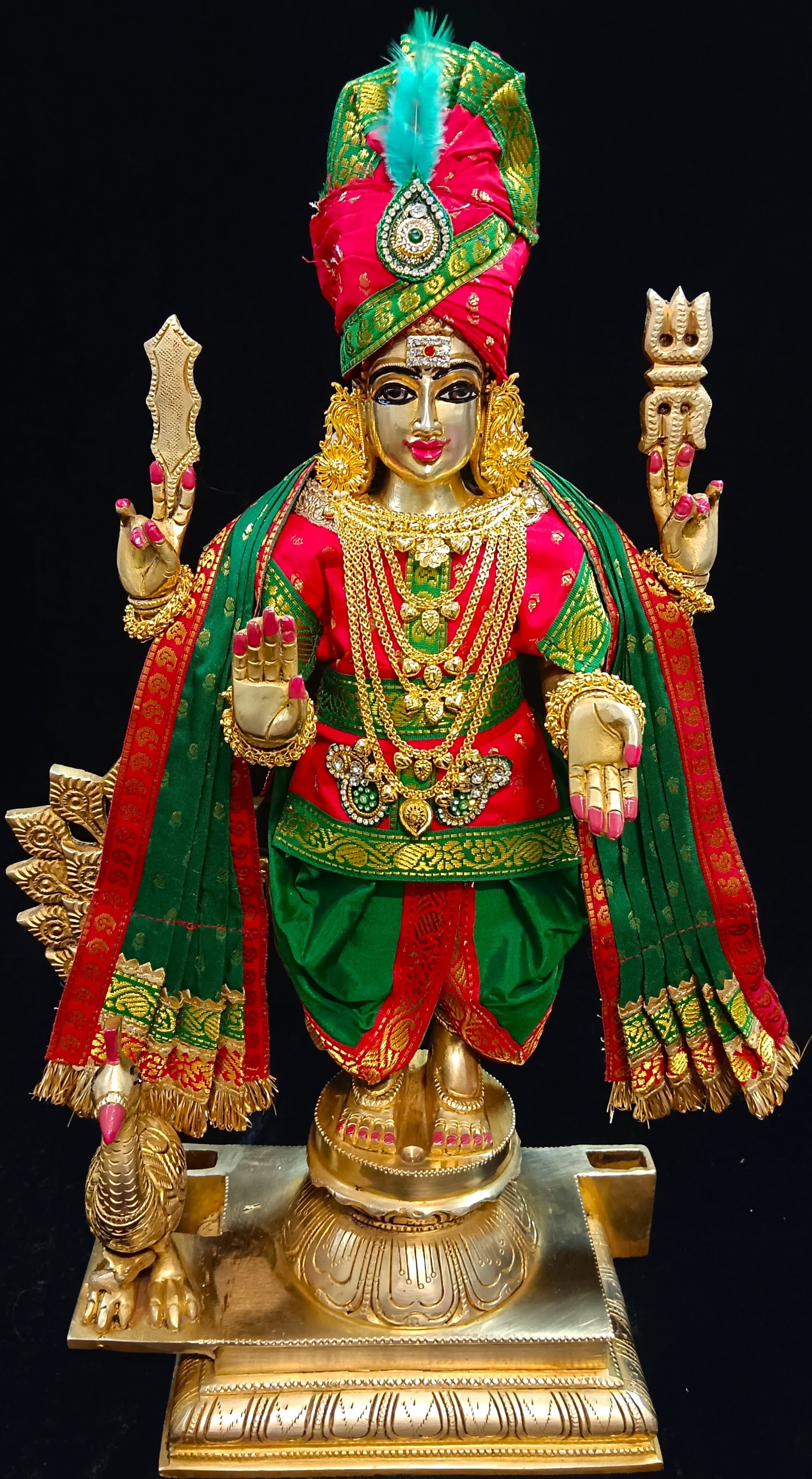 Raja Murugan Pre-Stitched Silk Dress Set in Small Butta Soft Silk (pure silk) - Red kurta and pagdi with Green dhoti and shalya 1