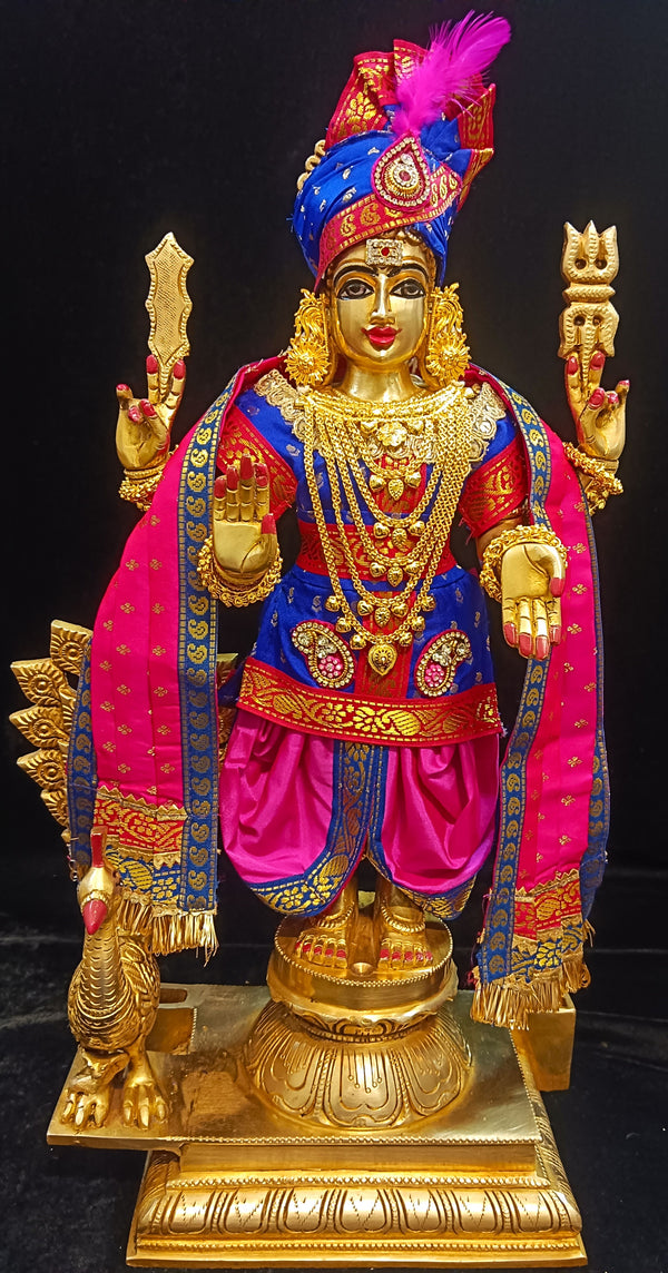 Raja Murugan Pre-Stitched Silk Dress Set in Small Butta Soft Silk (pure silk) - Royal Blue kurta and pagdi with Pink dhoti and shalya