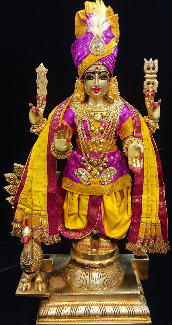 Raja Murugan Pre-Stitched Silk Dress Set in Small Butta Soft Silk (pure silk) - Purple kurta and pagdi with Yellow dhoti and shalya