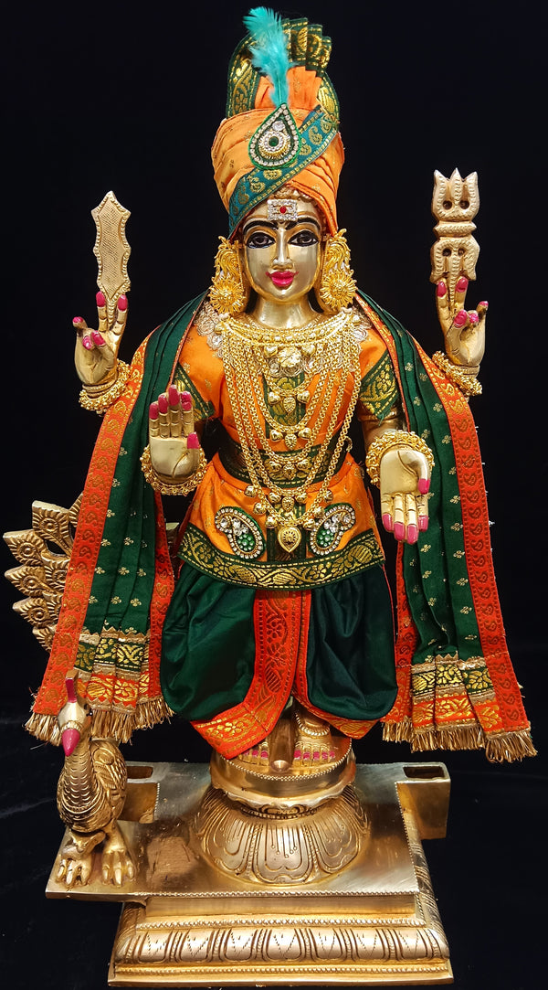 Raja Murugan Pre-Stitched Silk Dress Set in Small Butta Soft Silk (pure silk) - Orange kurta and pagdi with Dark Green dhoti and shalya