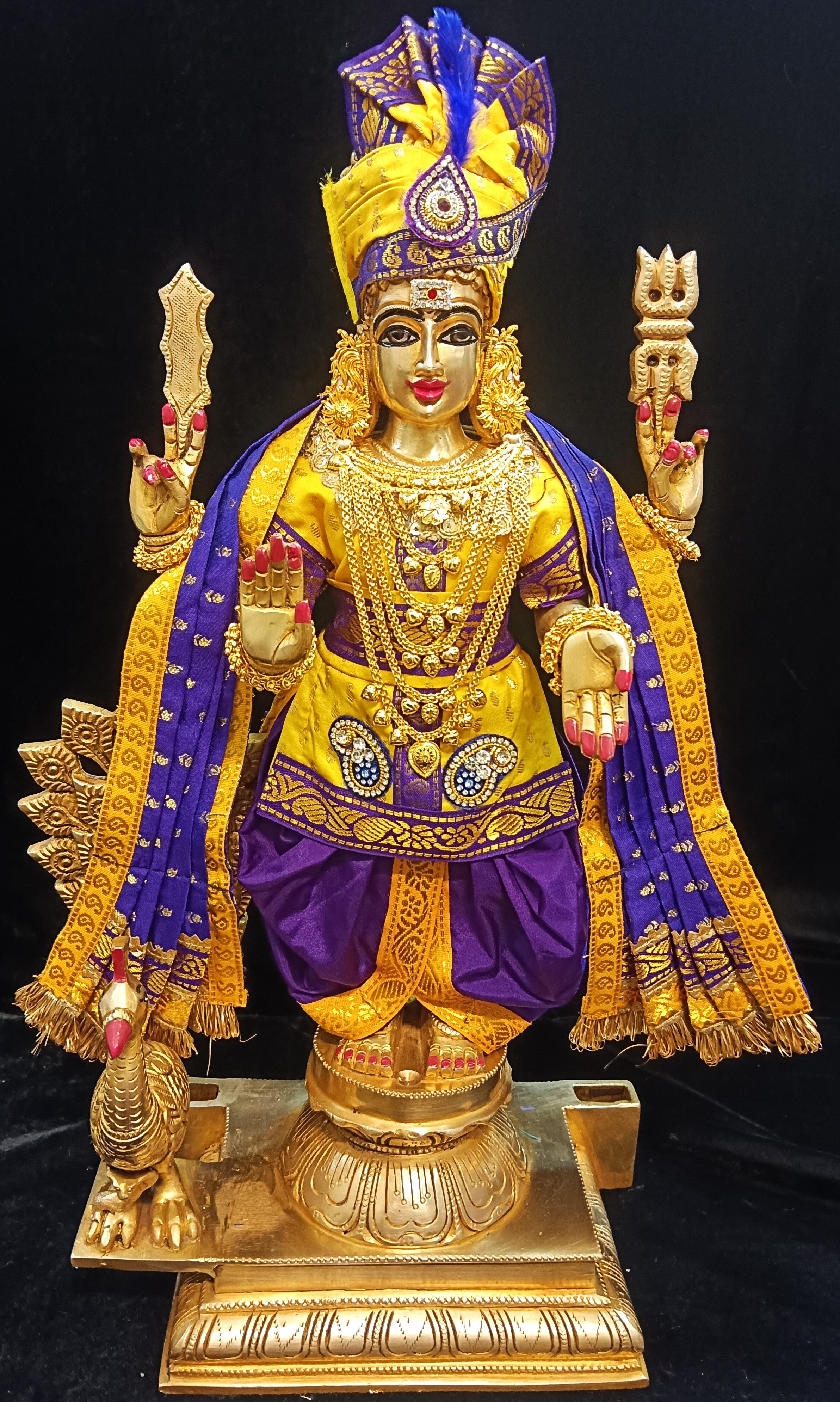 Raja Murugan Pre-Stitched Silk Dress Set in Small Butta Soft Silk (pure silk) - Yellow kurta and pagdi with Purple dhoti and shalya 1
