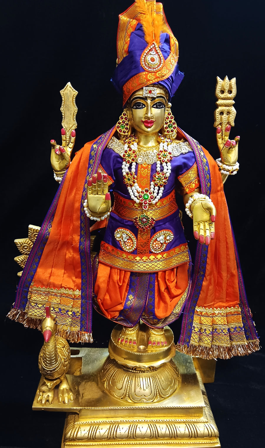 Raja Murugan Pre-Stitched Silk Dress Set in Plain Silk (not pure silk) - Purple kurta and pagdi with Orange dhoti and shalya