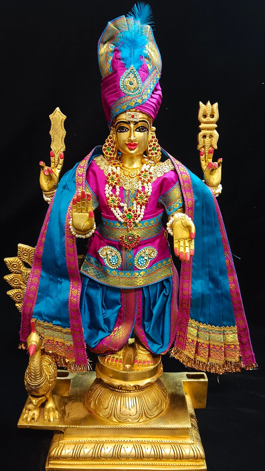 Raja Murugan Pre-Stitched Silk Dress Set in Plain Silk (not pure silk) - Rani Pink kurta and pagdi with Sky Blue dhoti and shalya