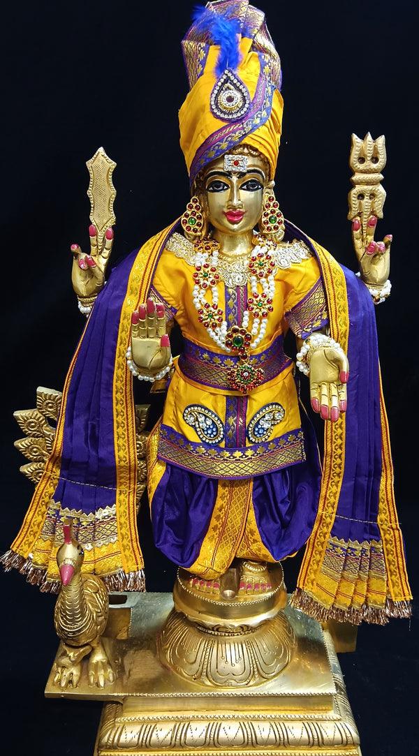 Raja Murugan Pre-Stitched Silk Dress Set in Plain Silk (not pure silk) - Yellow kurta and pagdi with Purple dhoti and shalya