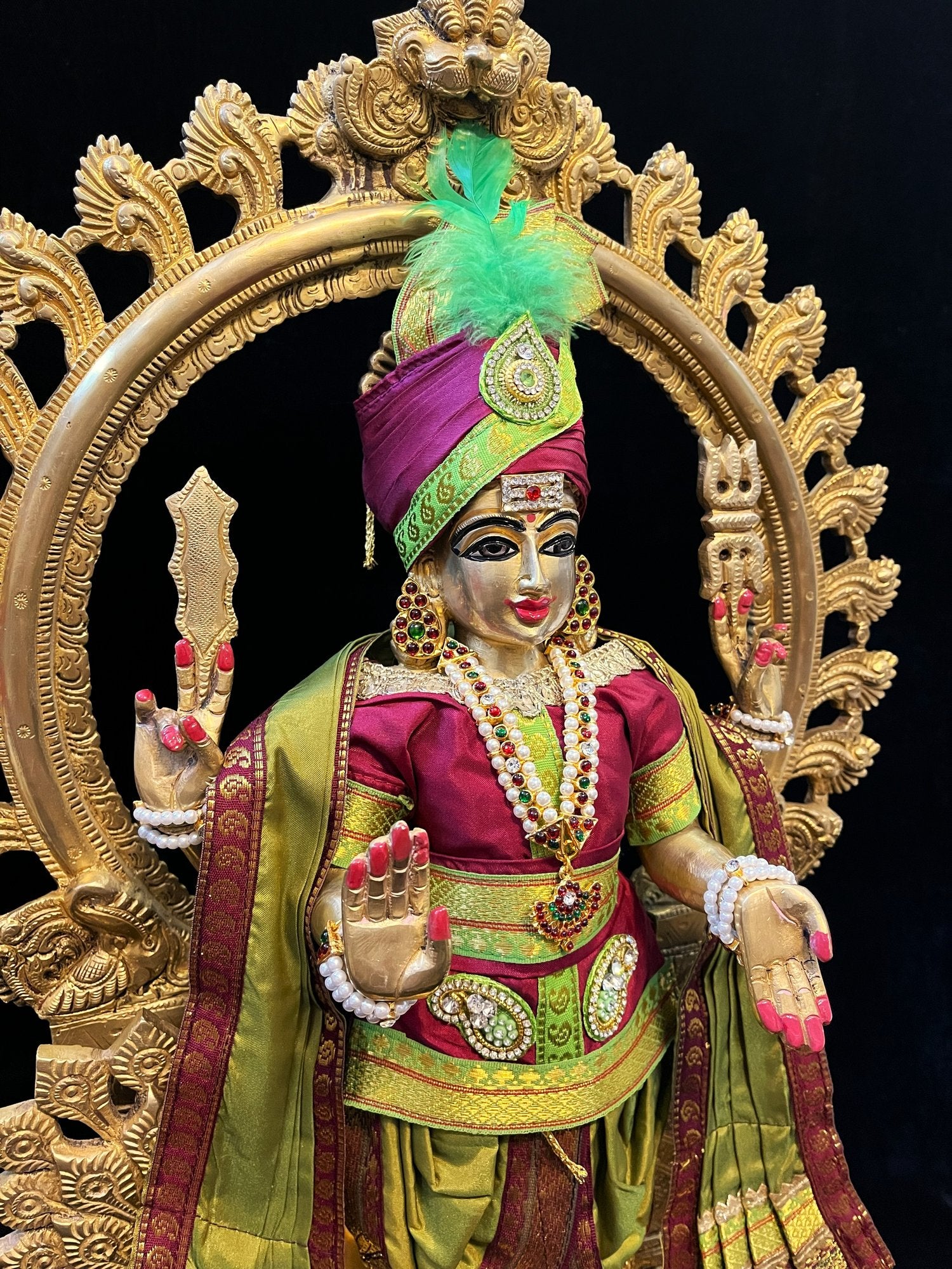 Raja Murugan Pre-Stitched Silk Dress Set in Plain Silk (not pure silk) - Maroon kurta and pagdi with Sap Green dhoti and shalya 1