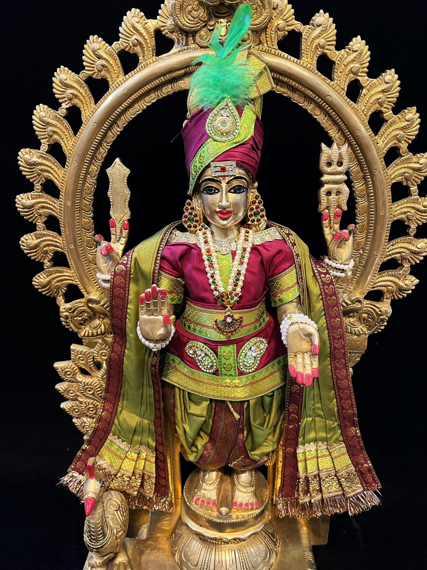 Raja Murugan Pre-Stitched Silk Dress Set in Plain Silk (not pure silk) - Maroon kurta and pagdi with Sap Green dhoti and shalya 3