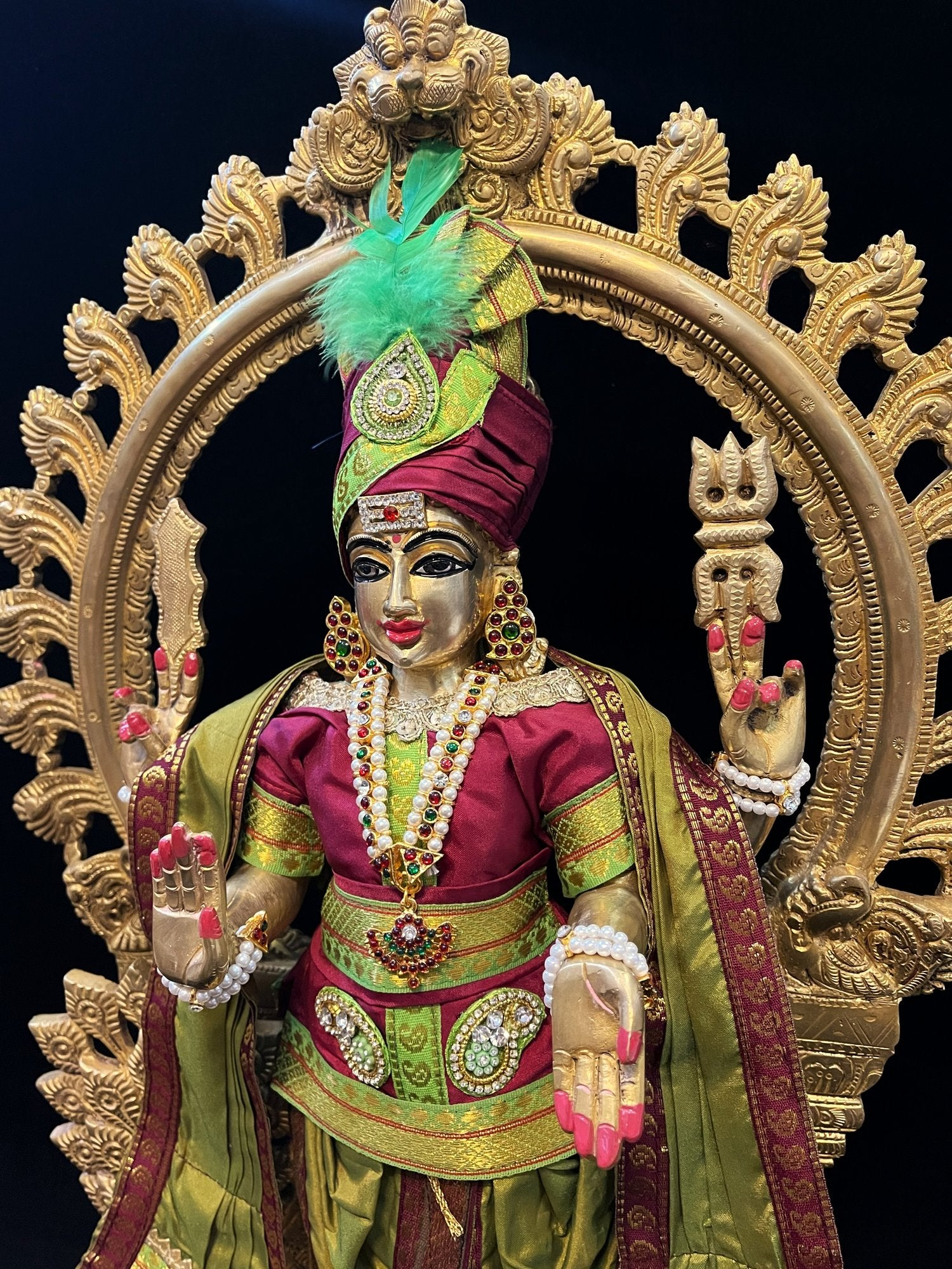 Raja Murugan Pre-Stitched Silk Dress Set in Plain Silk (not pure silk) - Maroon kurta and pagdi with Sap Green dhoti and shalya 5