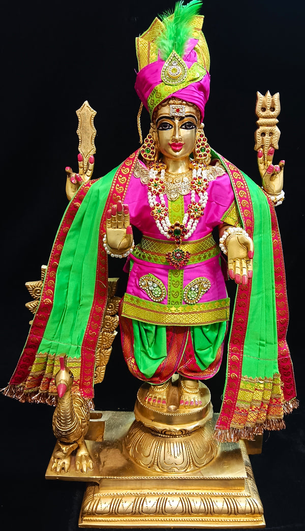 Raja Murugan Pre-Stitched Silk Dress Set in Plain Silk (not pure silk) - Rani Pink kurta and pagdi with Parrot Green dhoti and shalya