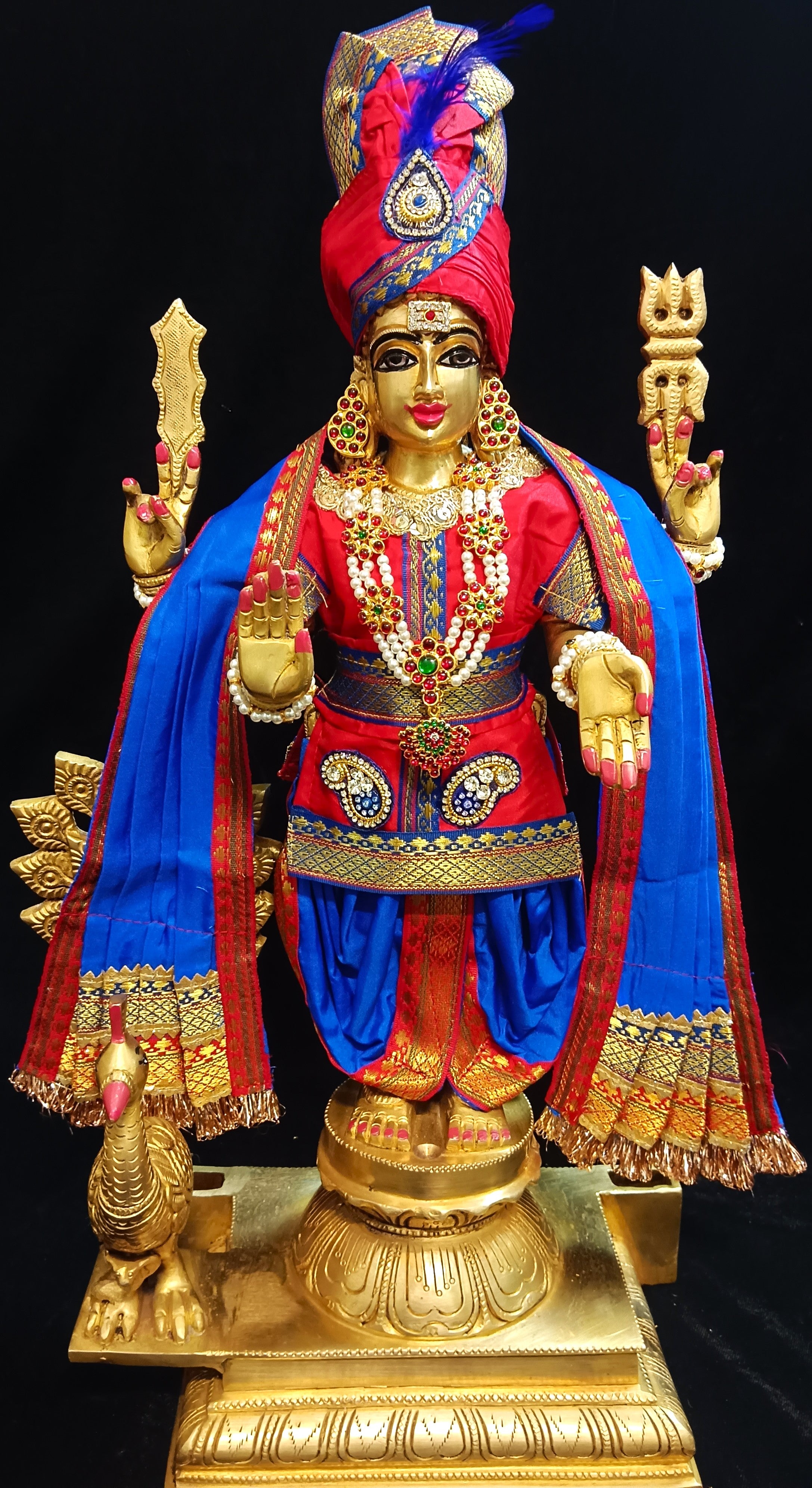 Raja Murugan Pre-Stitched Silk Dress Set in Plain Silk (not pure silk) - Red kurta and pagdi with Royal Blue dhoti and shalya 1