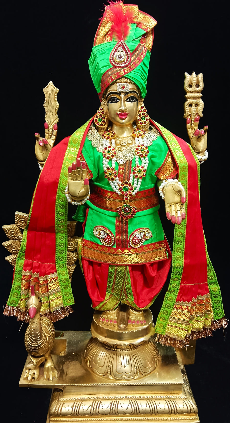 Raja Murugan Pre-Stitched Silk Dress Set in Plain Silk (not pure silk) - Parrot Green kurta and pagdi with Red dhoti and shalya