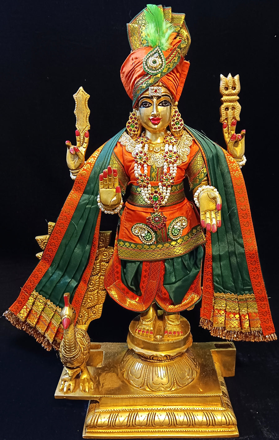 Raja Murugan Pre-Stitched Silk Dress Set in Plain Silk (not pure silk) - Orange kurta and pagdi with Dark Green dhoti and shalya
