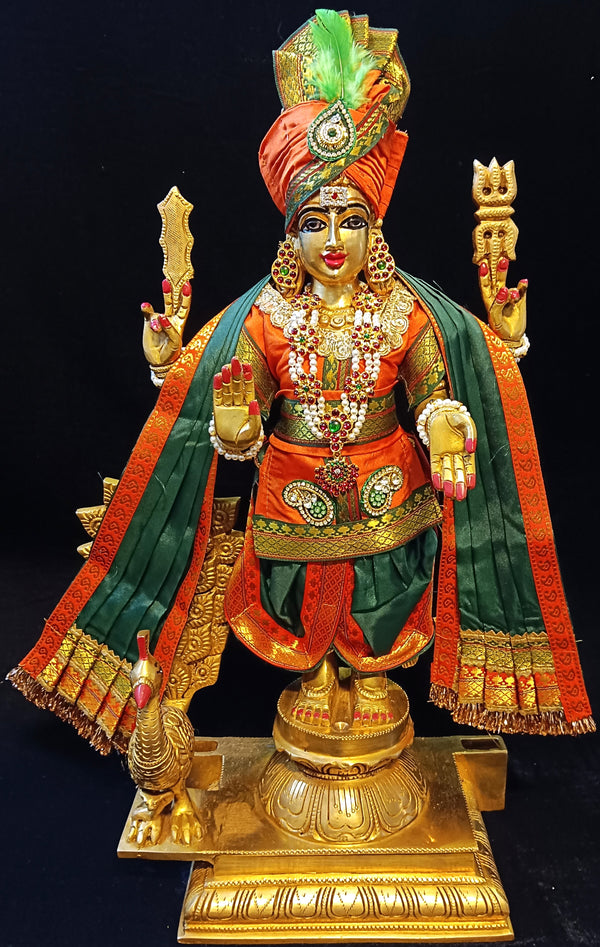 Raja Murugan Pre-Stitched Silk Dress Set in Plain Silk (not pure silk) - Orange kurta and pagdi with Dark Green dhoti and shalya