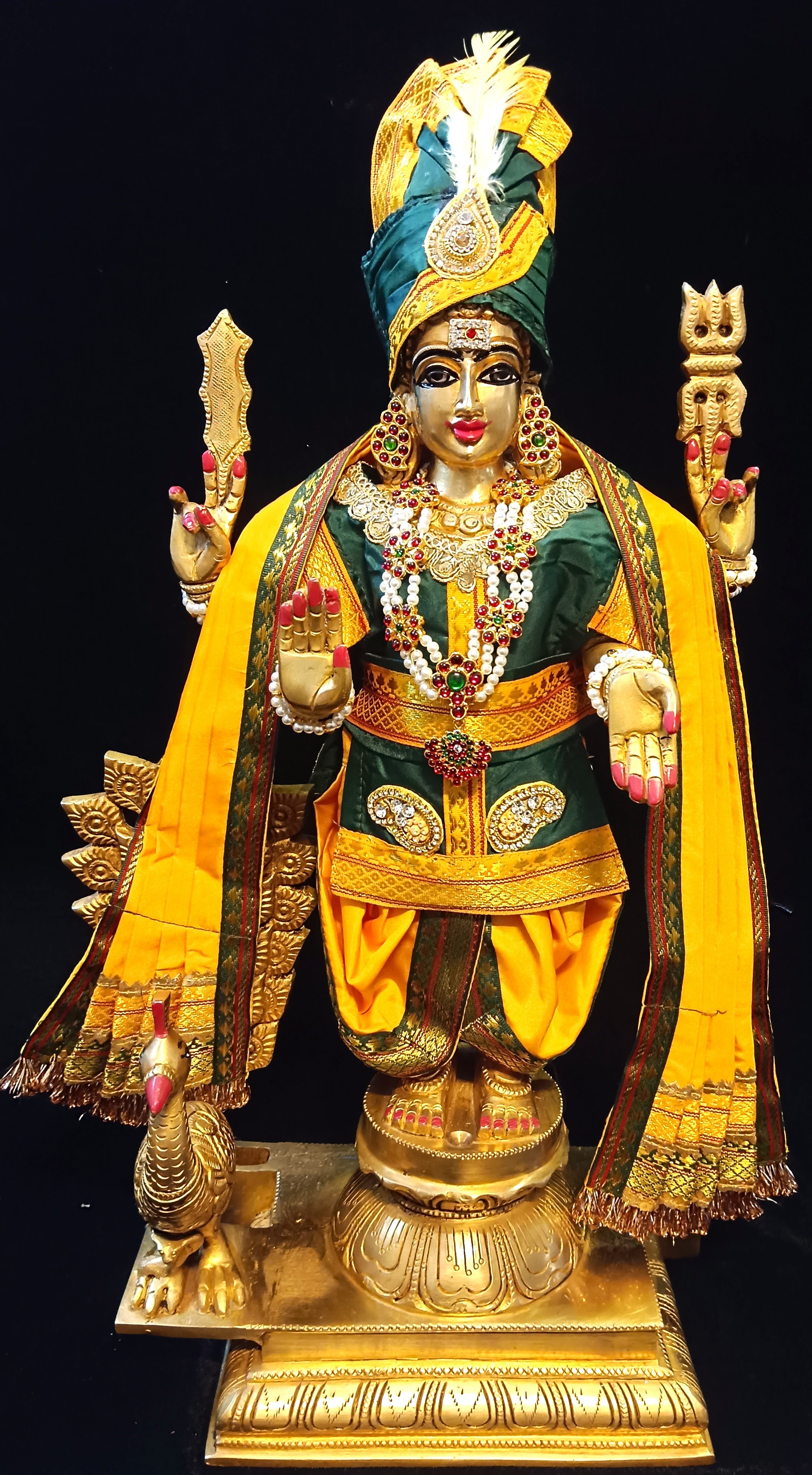 Raja Murugan Pre-Stitched Silk Dress Set in Plain Silk (not pure silk) - Dark Green kurta and pagdi with Yellow dhoti and shalya 1