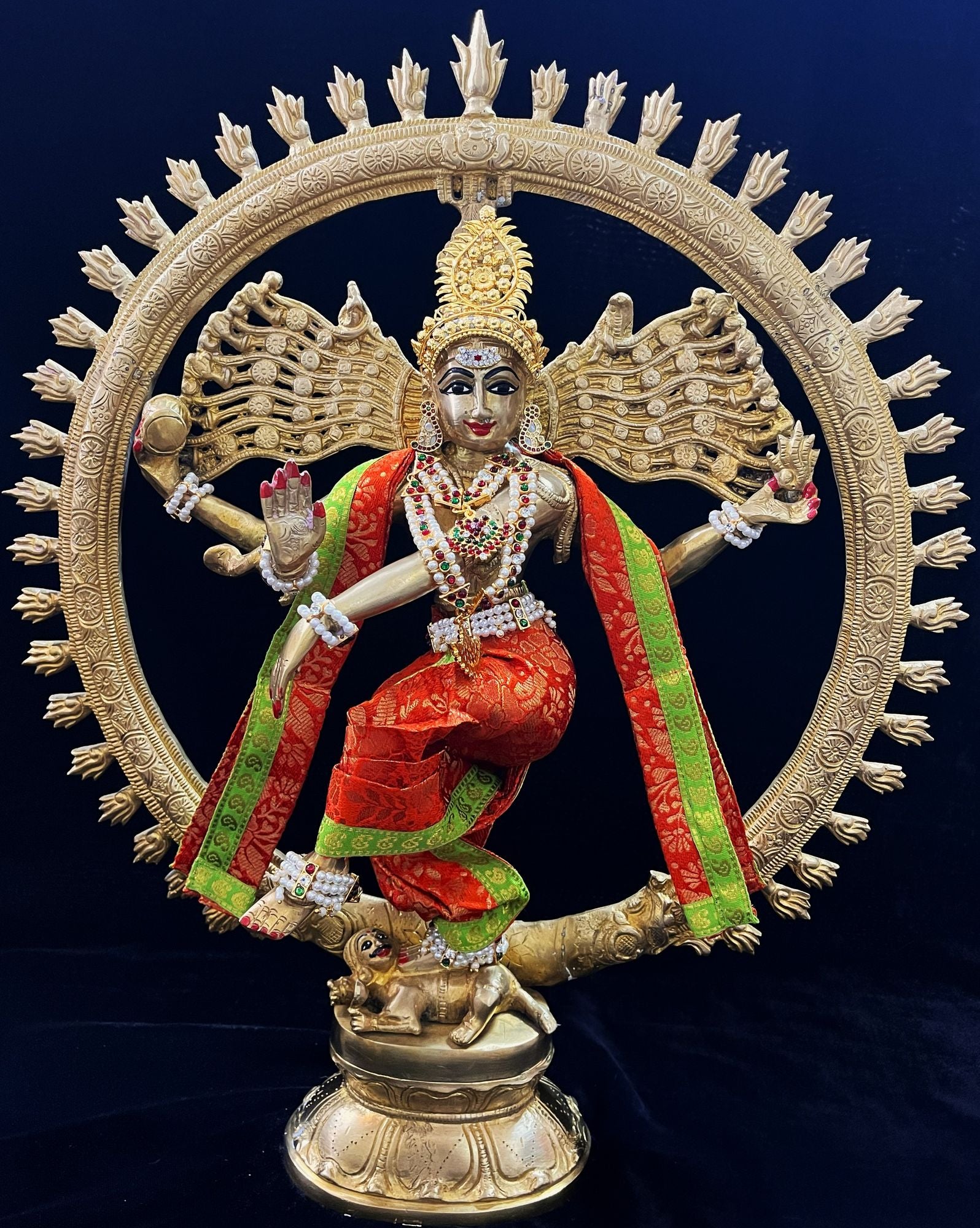 Nataraja Dhoti made of Brocade Silk (Not Pure Silk) - Orange Dhoti with Parrot Green border and Orange Shalya 1