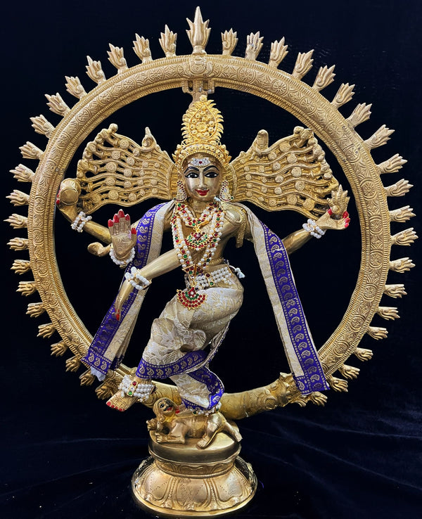Nataraja Dhoti made of Brocade Silk (Not Pure Silk) - Off White Dhoti with Blue border and Off White Shalya
