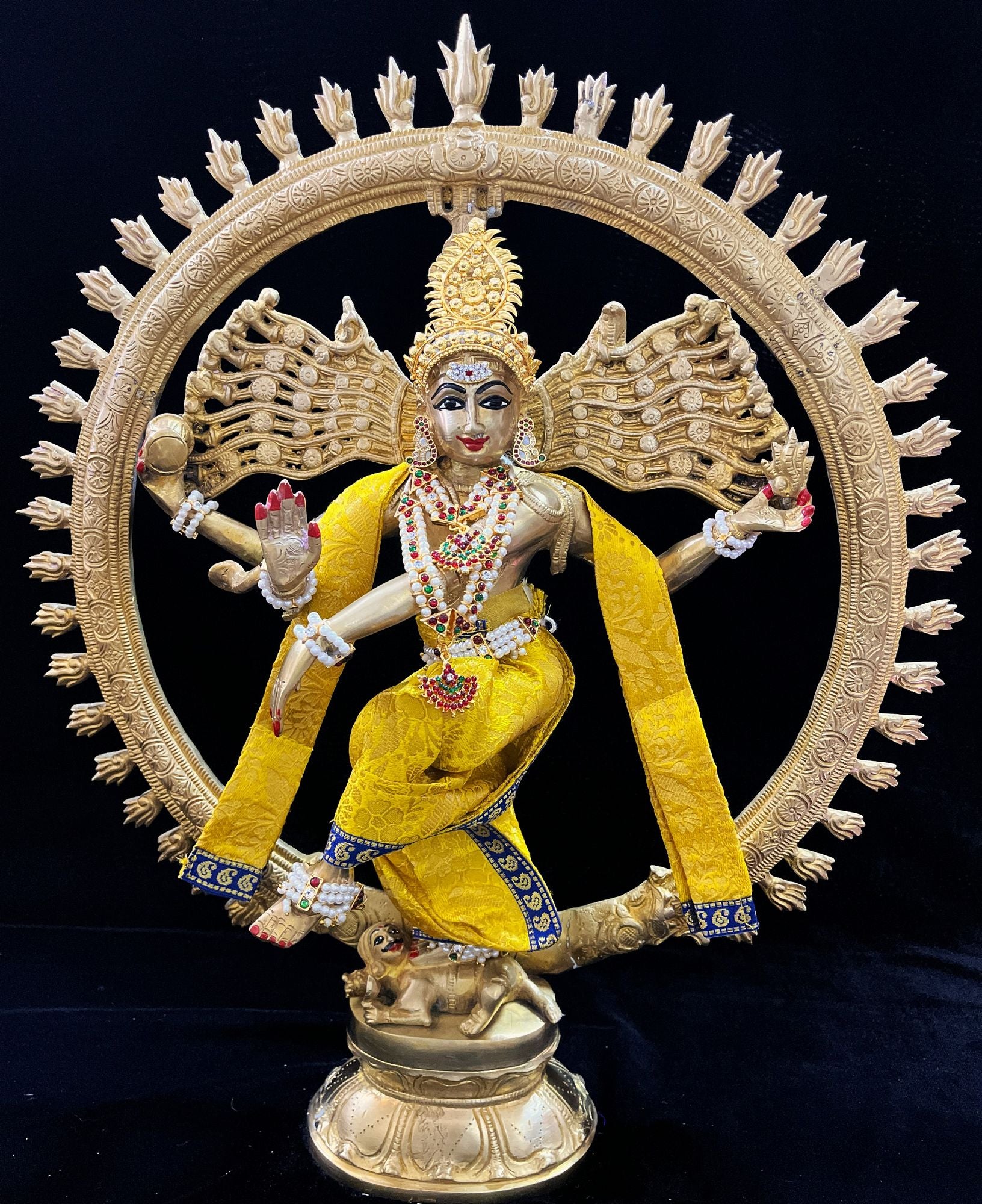 Nataraja Dhoti made of Brocade Silk (Not Pure Silk) - Yellow Dhoti with Blue border and Yellow Shalya 1