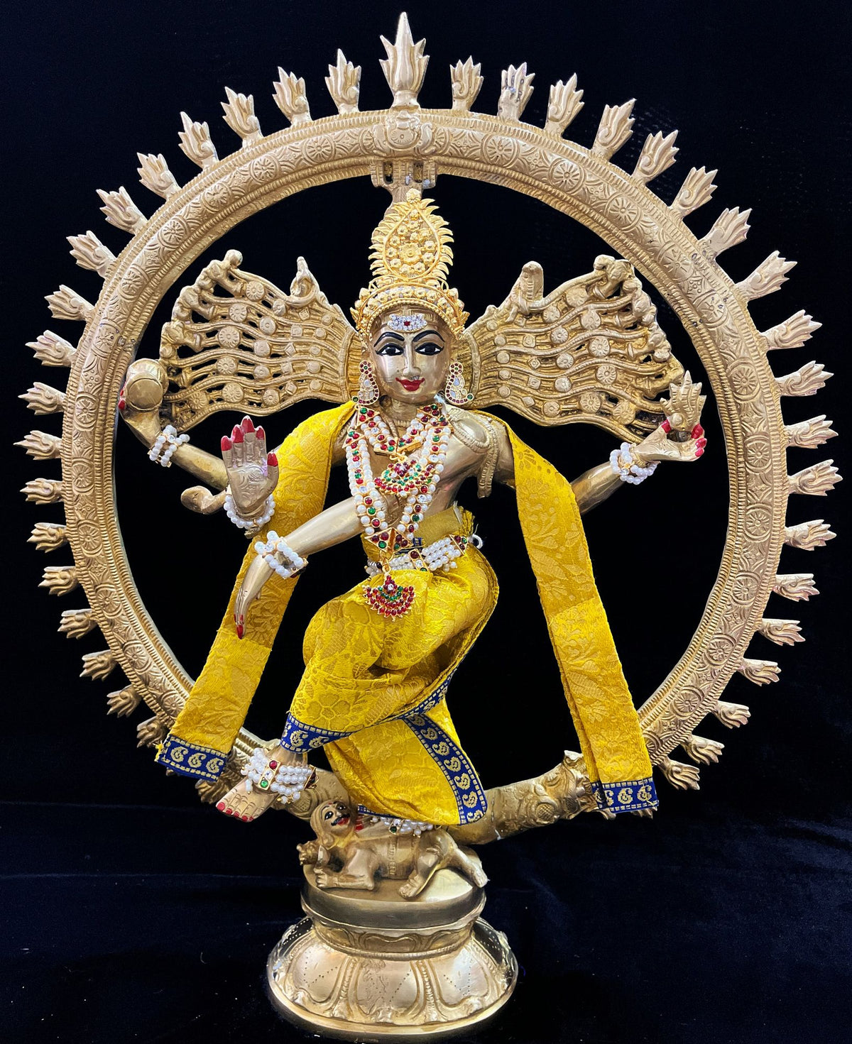 Nataraja Dhoti made of Brocade Silk (Not Pure Silk) - Yellow Dhoti with Blue border and Yellow Shalya