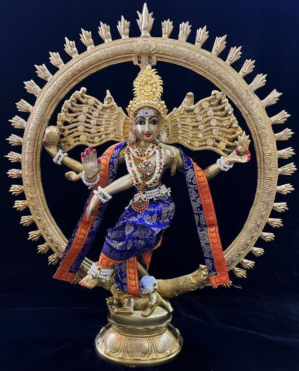 Nataraja Dhoti made of Brocade Silk (Not Pure Silk) - Royal Blue Dhoti with Orange border and Royal Blue Shalya