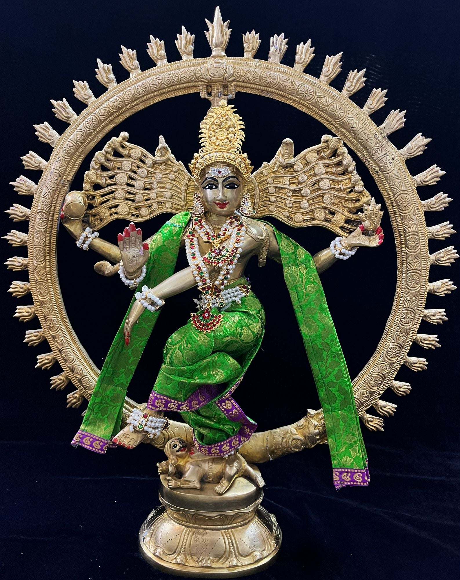 Nataraja Dhoti made of Brocade Silk (Not Pure Silk) - Parrot Green Dhoti with Purple border and Parrot Green Shalya 1