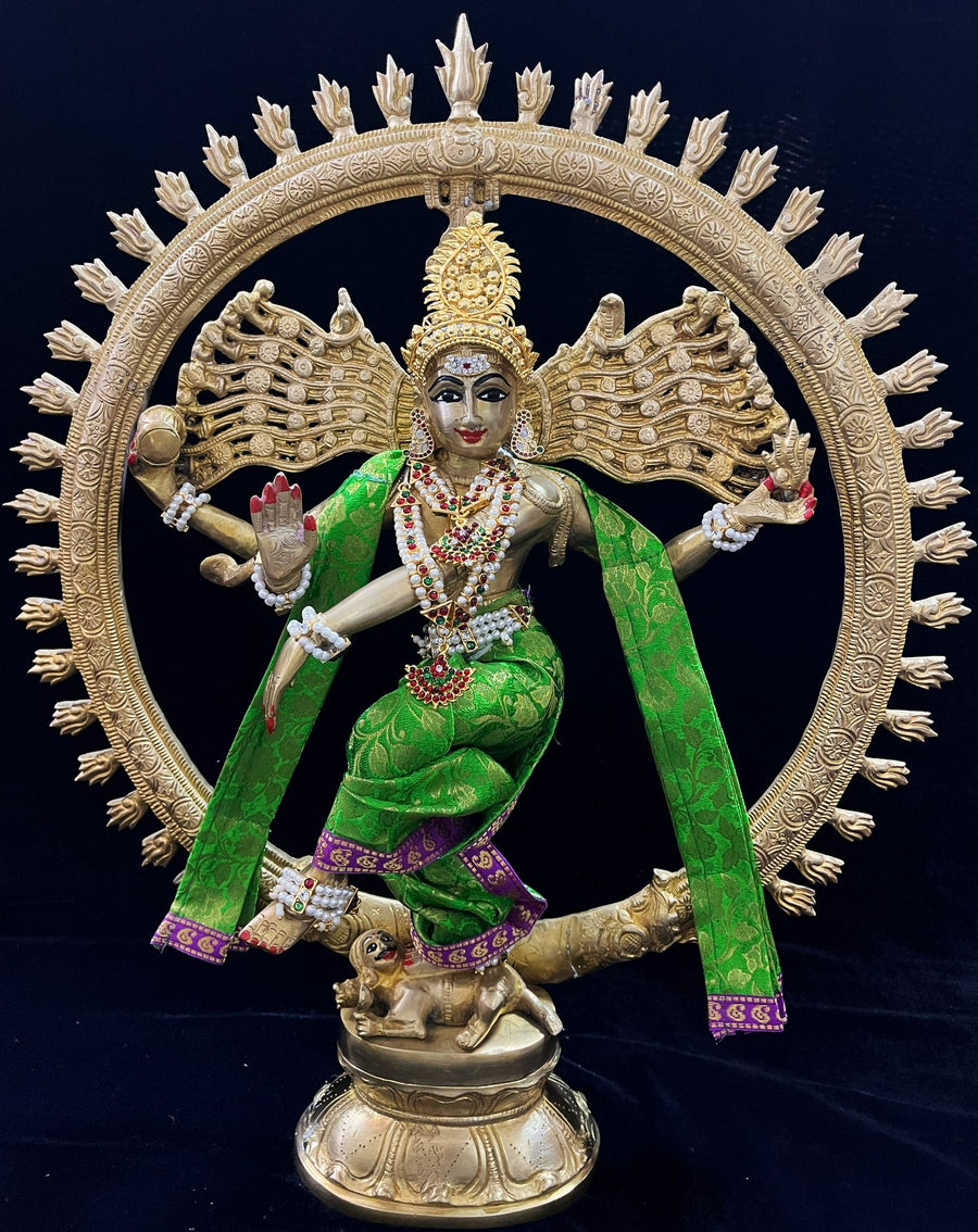 Nataraja Dhoti made of Brocade Silk (Not Pure Silk) - Parrot Green Dhoti with Purple border and Parrot Green Shalya