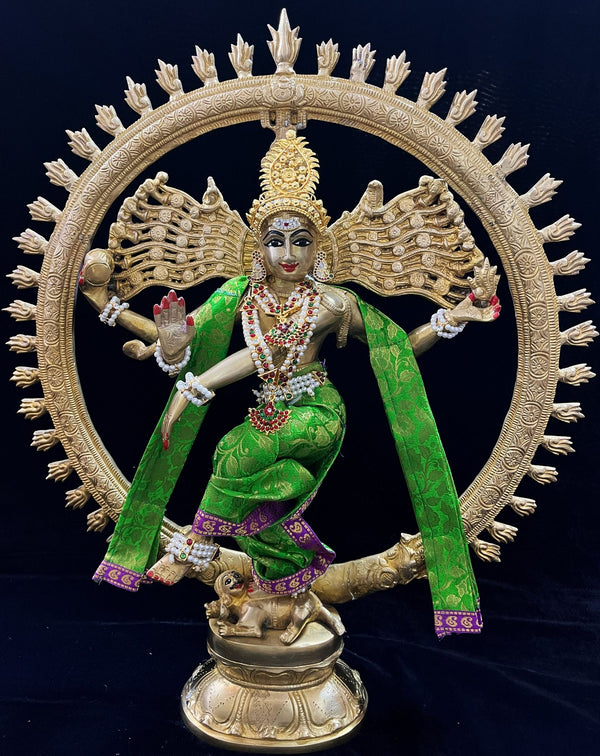 Nataraja Dhoti made of Brocade Silk (Not Pure Silk) - Parrot Green Dhoti with Purple border and Parrot Green Shalya