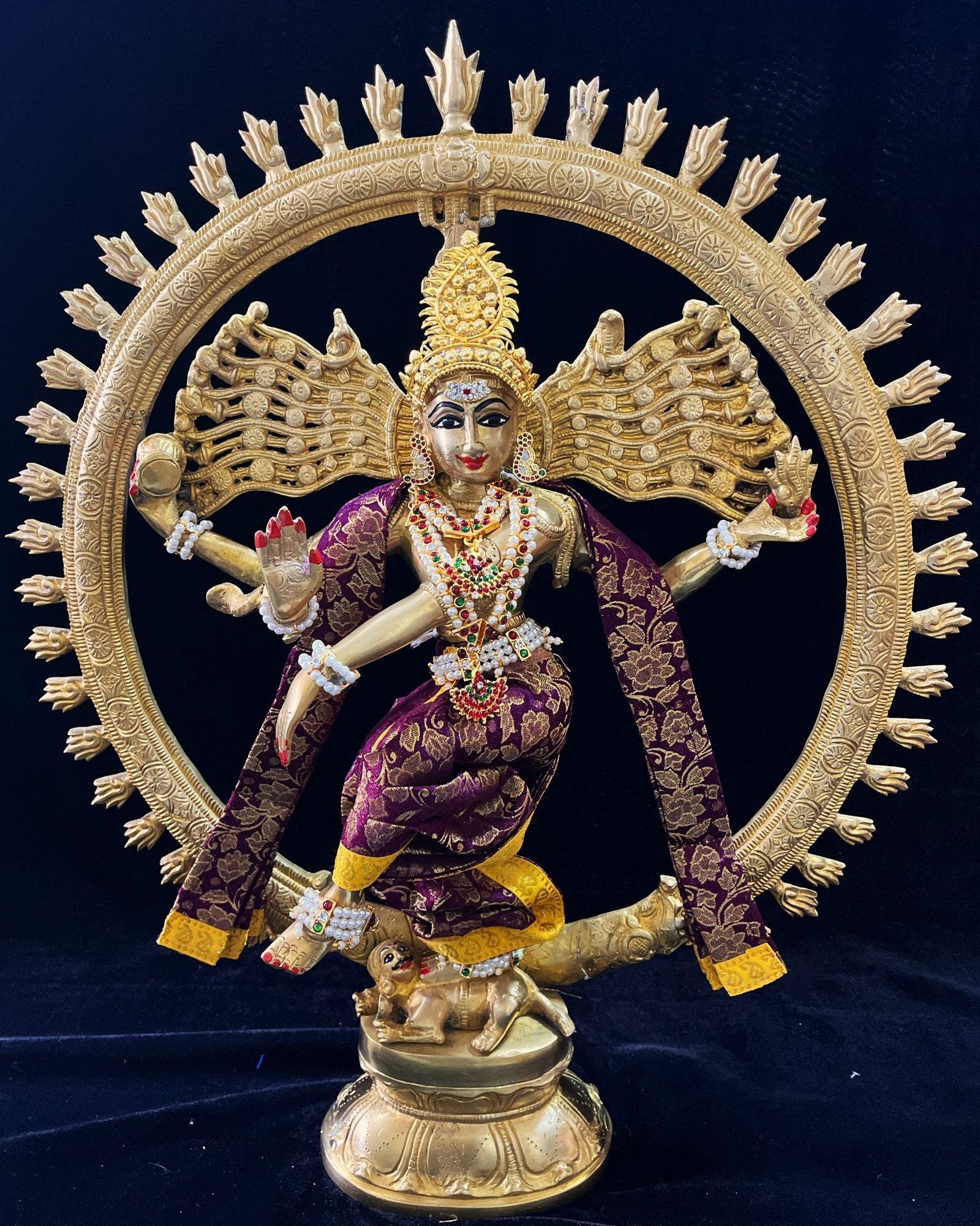 Nataraja Dhoti made of Brocade Silk (Not Pure Silk) - Purple Dhoti with Yellow border and Purple Shalya 1