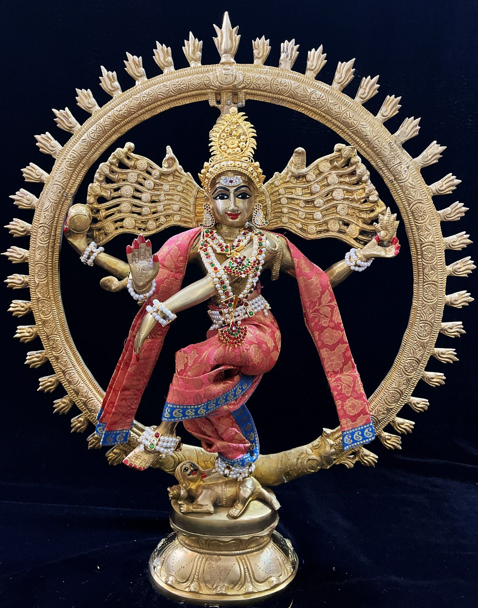 Nataraja Dhoti made of Brocade Silk (Not Pure Silk) - Peach Dhoti with border Blue and Peach Shalya 1