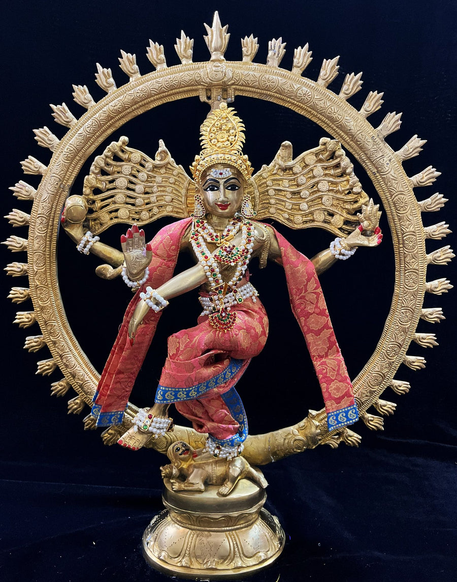 Nataraja Dhoti made of Brocade Silk (Not Pure Silk) - Peach Dhoti with border Blue and Peach Shalya