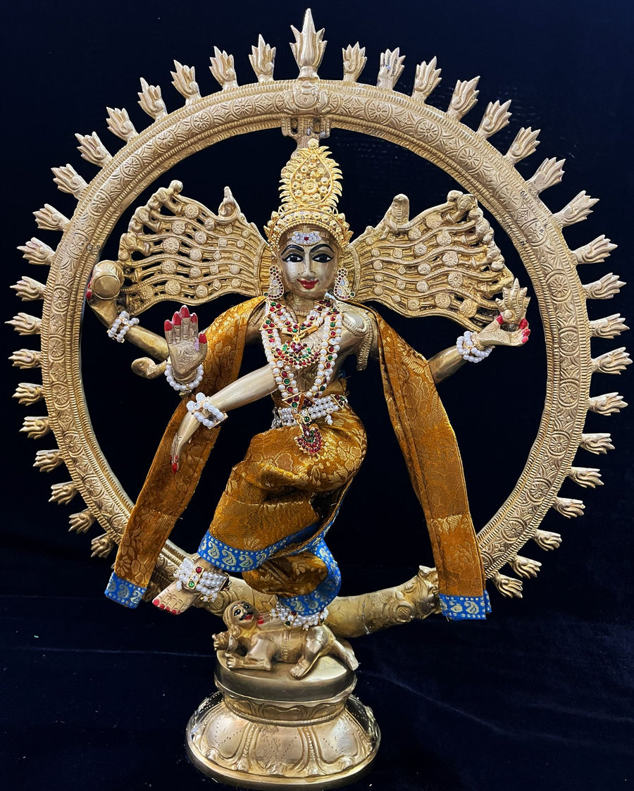 Nataraja Dhoti made of Brocade Silk (Not Pure Silk) - Mustard Yellow Dhoti with Sky blue border and Mustard Yellow Shalya