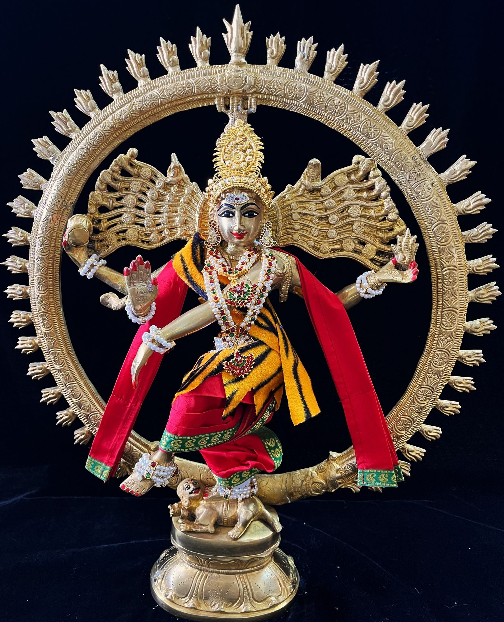 Nataraja Dhoti made of Plain Silk (Not Pure Silk) - Red Dhoti with Green border and Red shalya. Also includes Tiger skin skirt & Shalya 1