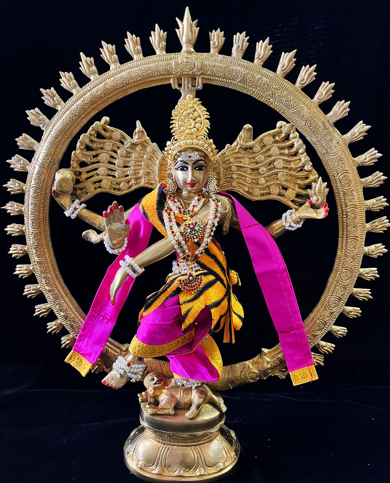 Nataraja Dhoti made of Plain Silk (Not Pure Silk) - Rani Pink Dhoti with  Yellow border and Rani Pink shalya. Also includes Tiger skin skirt & Shalya 1