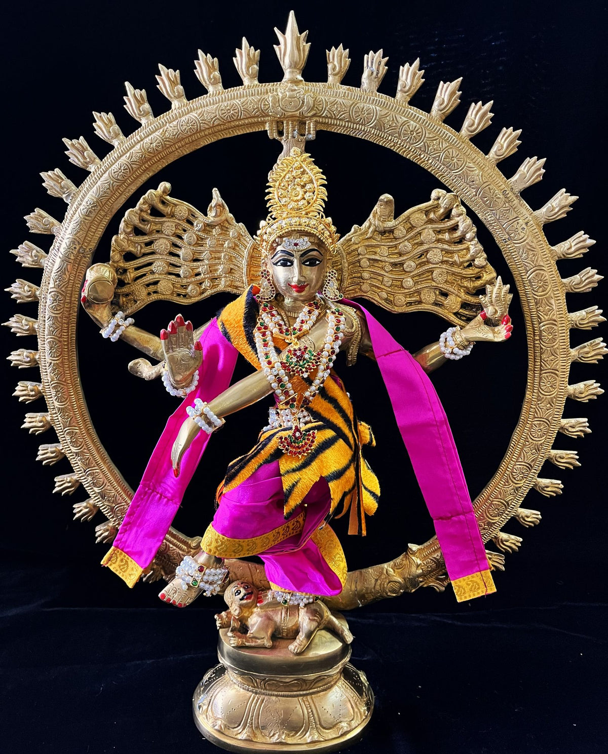 Nataraja Dhoti made of Plain Silk (Not Pure Silk) - Rani Pink Dhoti with  Yellow border and Rani Pink shalya. Also includes Tiger skin skirt & Shalya