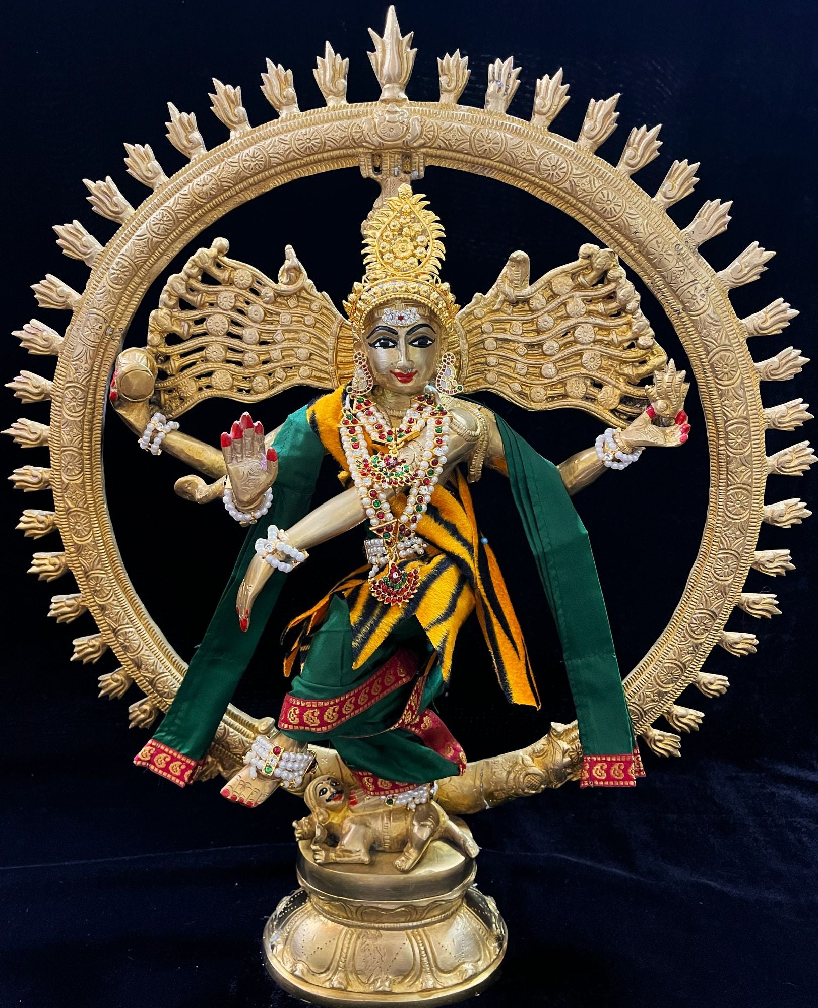 Nataraja Dhoti made of Plain Silk (Not Pure Silk) - Bottle Green Dhoti with Red border  and Bottle Green shalya. Also includes Tiger skin skirt & Shalya 1