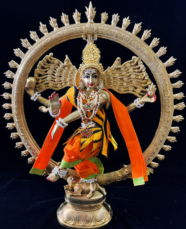 Nataraja Dhoti made of Plain Silk (Not Pure Silk) - Orange Dhoti with  Parrot Green border and Orange shalya. Also includes Tiger skin skirt & Shalya