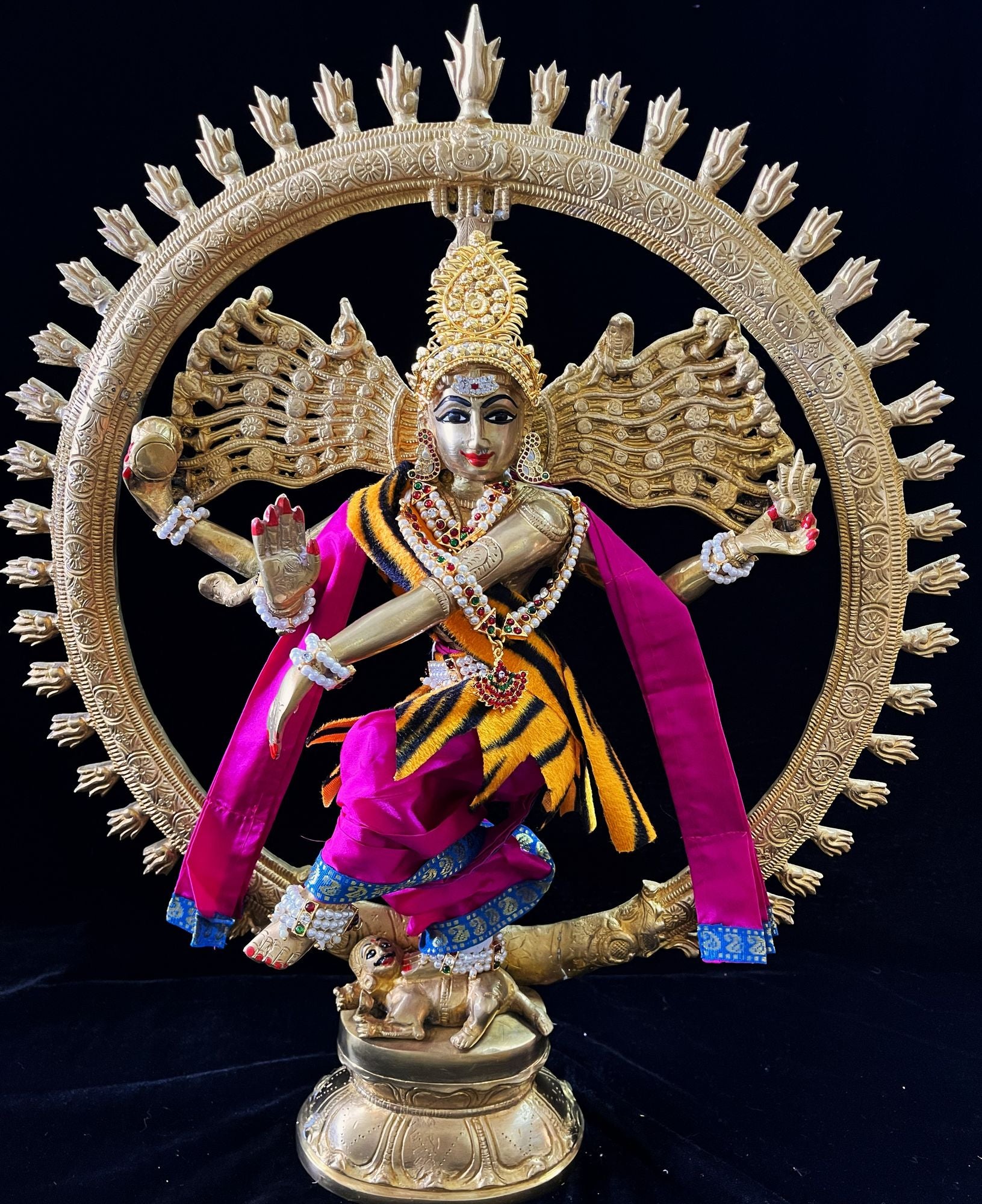 Nataraja Dhoti made of Plain Silk (Not Pure Silk) - Rani Pink Dhoti with Sky Blue border and Rani Pink shalya. Also includes Tiger skin skirt & Shalya 1