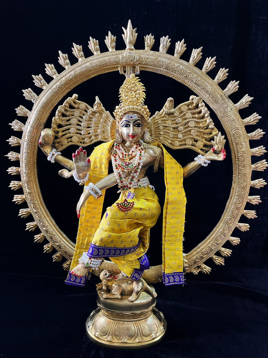 Nataraja Dhoti made of Soft Silk (Pure Silk) - Yellow Dhoti with Blue border and Yellow shalya
