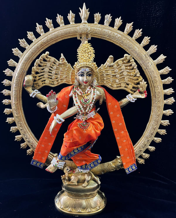 Nataraja Dhoti made of Soft Silk (Pure Silk) - Orange Dhoti with  Blue border and Orange shalya
