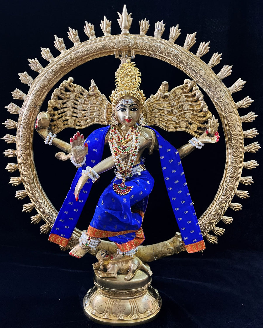 Nataraja Dhoti made of Soft Silk (Pure Silk) - Royal Blue Dhoti with Orange border and Royal Blue shalya