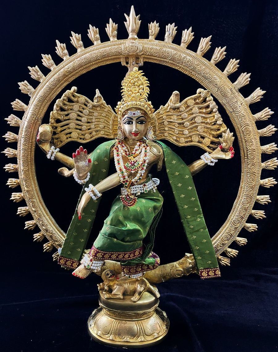 Nataraja Dhoti made of Soft Silk (Pure Silk) - Sap Green Dhoti with Brown border and Sap Green shalya