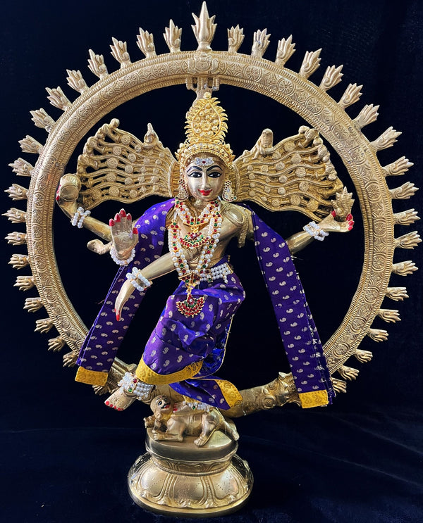 Nataraja Dhoti made of Soft Silk (Pure Silk) - Voilet Dhoti with Yellow border and Voilet shalya