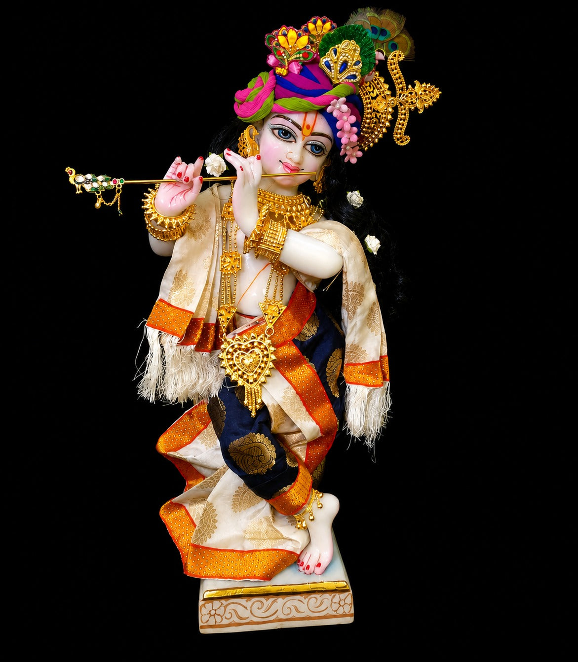 Maharatrian inspired inspired Deity dhoti and patka shalya / Uparna vastra made of Tapeta Silk (Not Pure Silk) - Off White and Navy Blue Dhoti with Off White Shalya 1