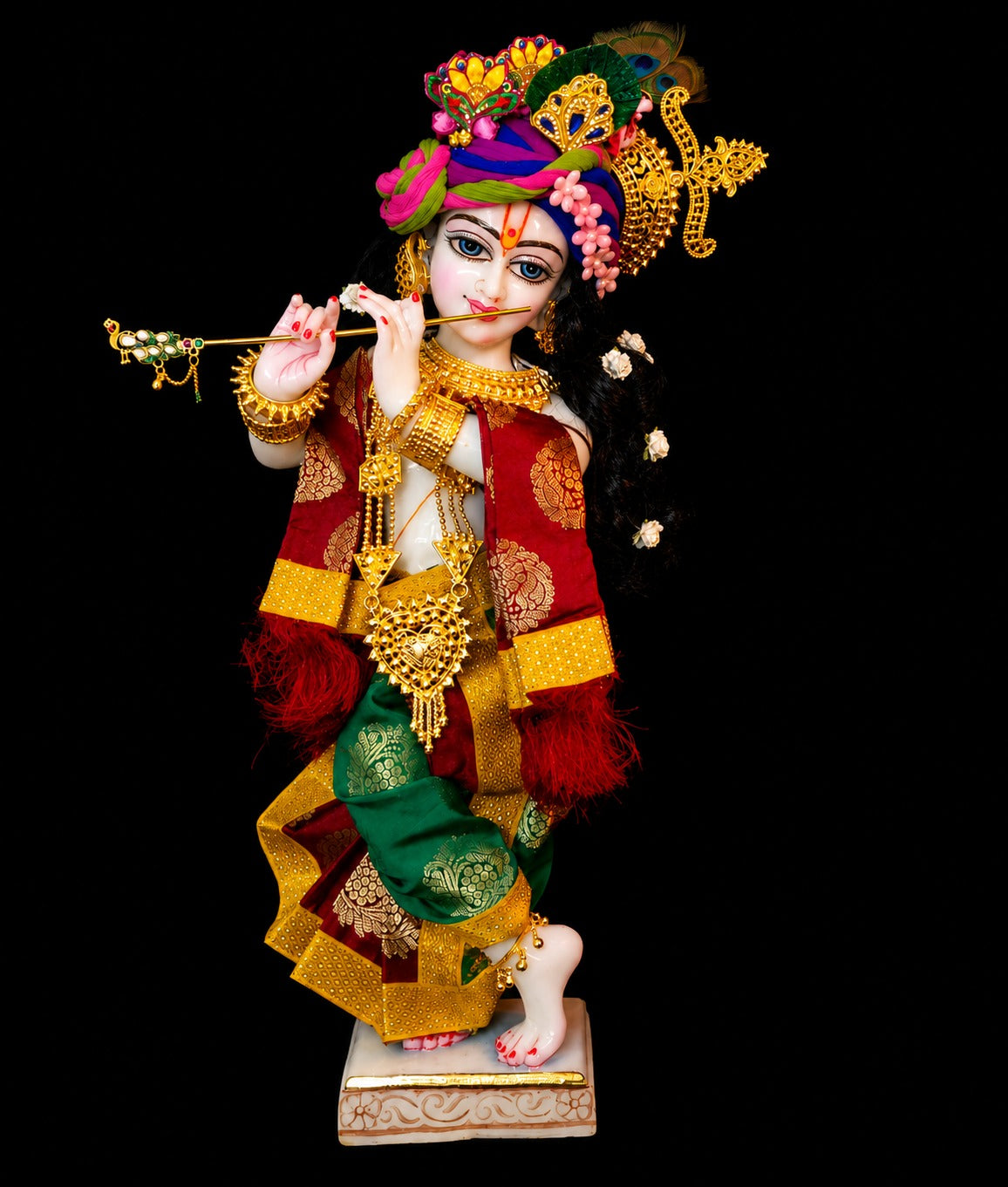 Maharatrian inspired inspired Deity dhoti and patka shalya / Uparna vastra made of Tapeta Silk (Not Pure Silk) - Crimson Red and Emerald Green Dhoti with Crimson Red Shalya 1