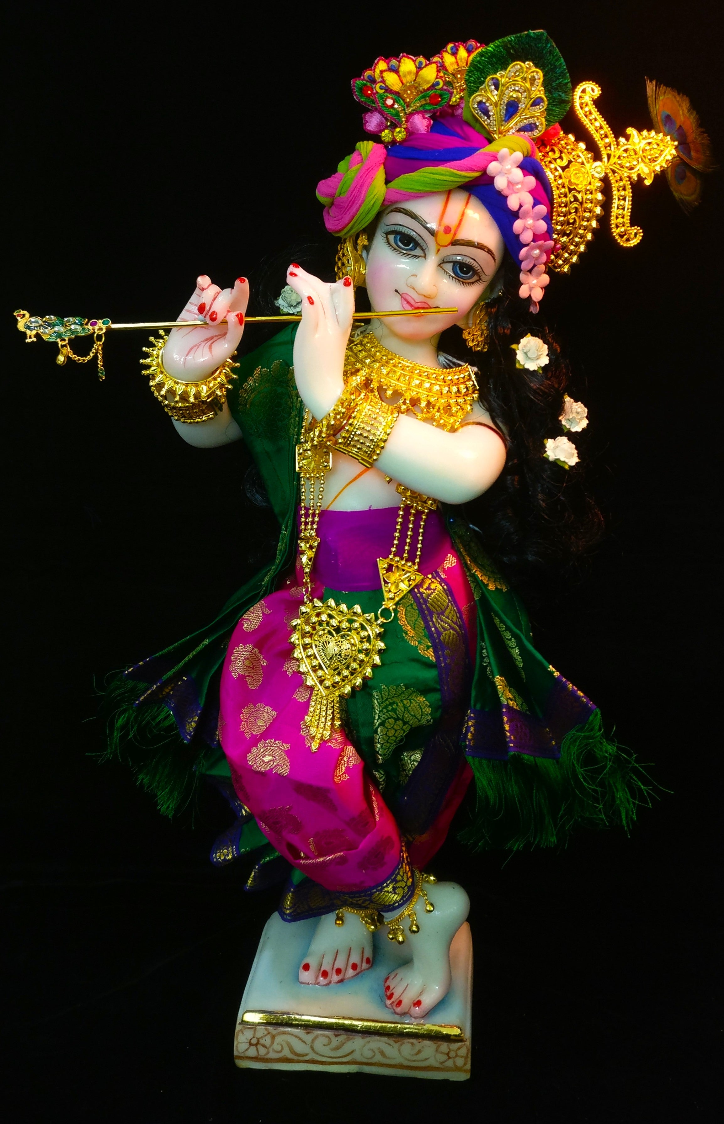Maharatrian inspired inspired Deity dhoti and patka shalya / Uparna vastra made of Tapeta Silk (Not Pure Silk) - Magenta and Emerald Green Dhoti with Emerald Green Shalya 1