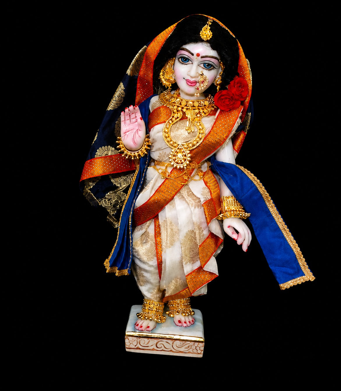 Maharastrain inspired Deity Pre-stitched Nuwari Saree made of Tapeta Silk (Not Pure Silk) - Off white Saree with Red Border and Navy Blue Pallu, Royal Blue Shawl 1
