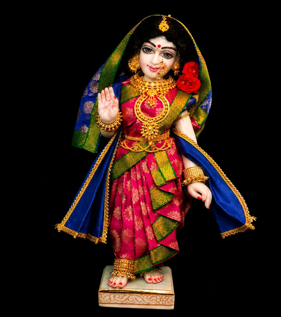 Maharastrain inspired Deity Pre-stitched Nuwari Saree made of Tapeta Silk (Not Pure Silk) - Rani Pink Saree with Green Border and Royal Blue Pallu, Royal Blue Shawl