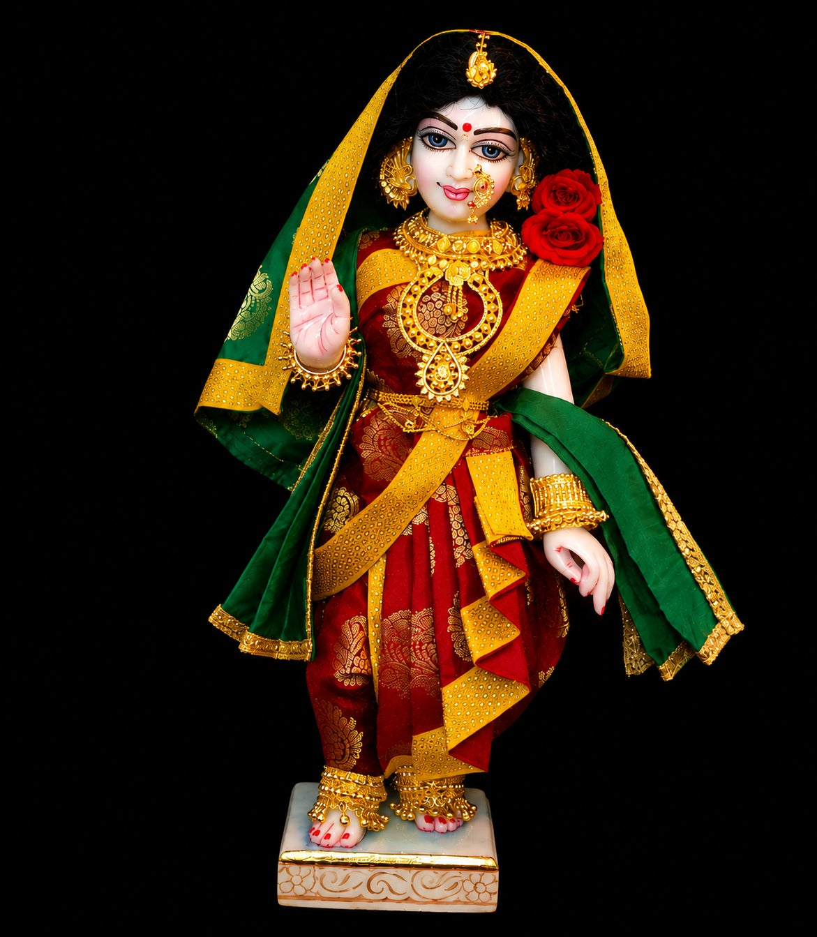 Maharastrain inspired Deity Pre-stitched Nuwari Saree made of Tapeta Silk (Not Pure Silk) - Crimson Red Saree with Gold Border and Emerald Green Pallu, Emerald Green Shawl 1