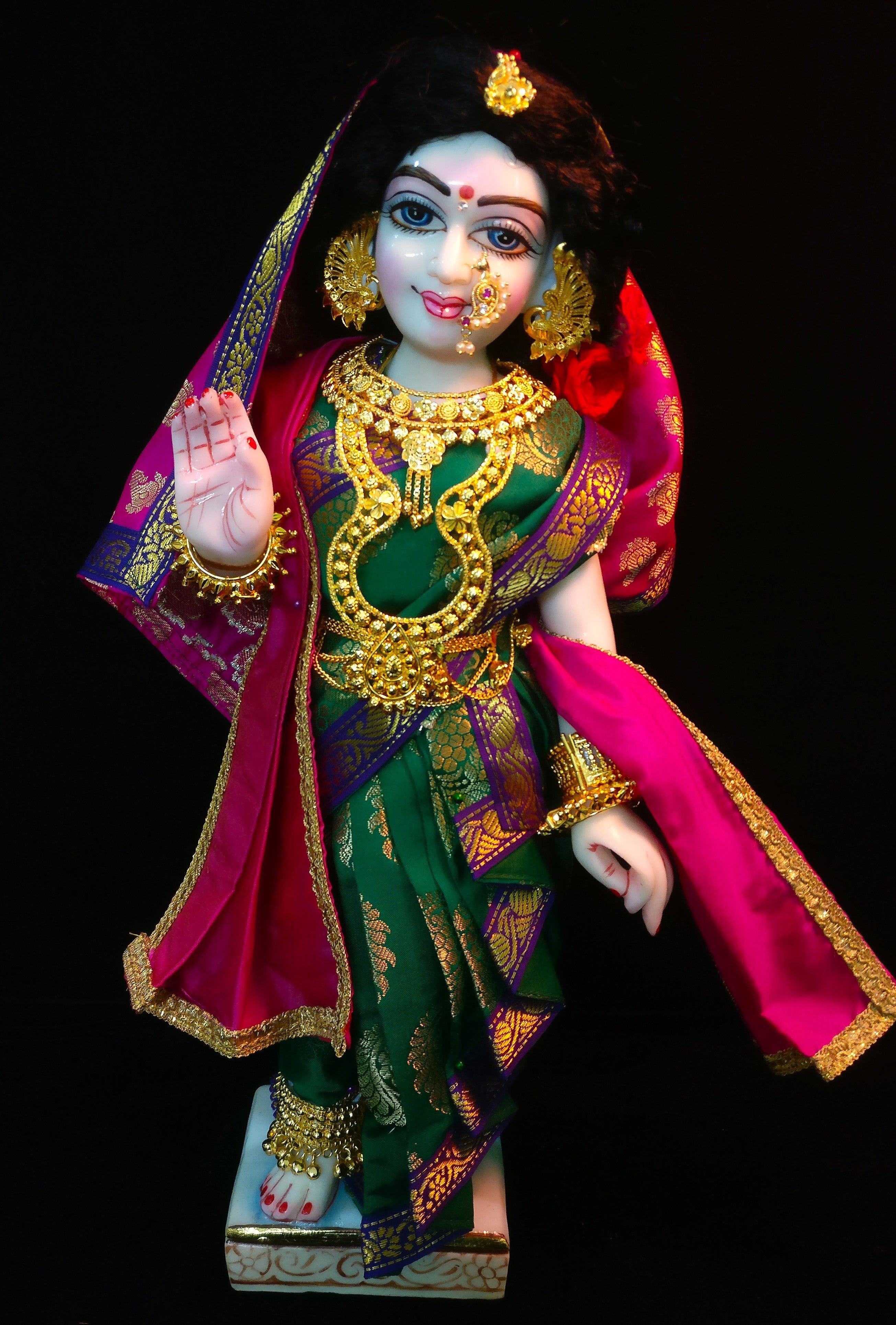 Maharastrain inspired Deity Pre-stitched Nuwari Saree made of Tapeta Silk (Not Pure Silk) - Emerald Green Saree with Dark Indigo Border and Magenta Pallu, Magenta Shawl 1