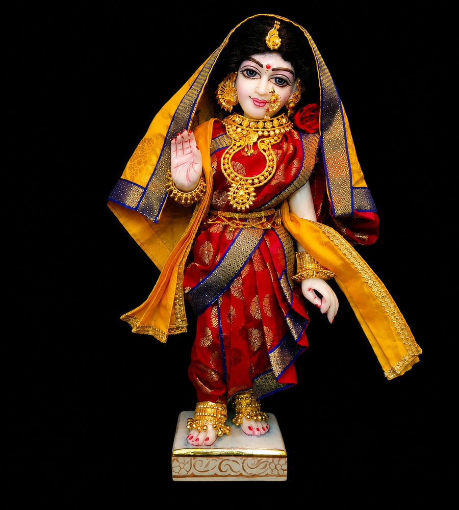 Maharastrain inspired Deity Pre-stitched Nuwari Saree made of Tapeta Silk (Not Pure Silk) - Red Saree with Dark Blue Border and Yellow Pallu,Yellow Shawl