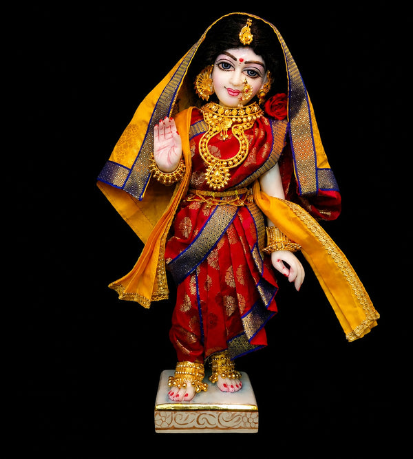 Maharastrain inspired Deity Pre-stitched Nuwari Saree made of Tapeta Silk (Not Pure Silk) - Red Saree with Dark Blue Border and Yellow Pallu,Yellow Shawl